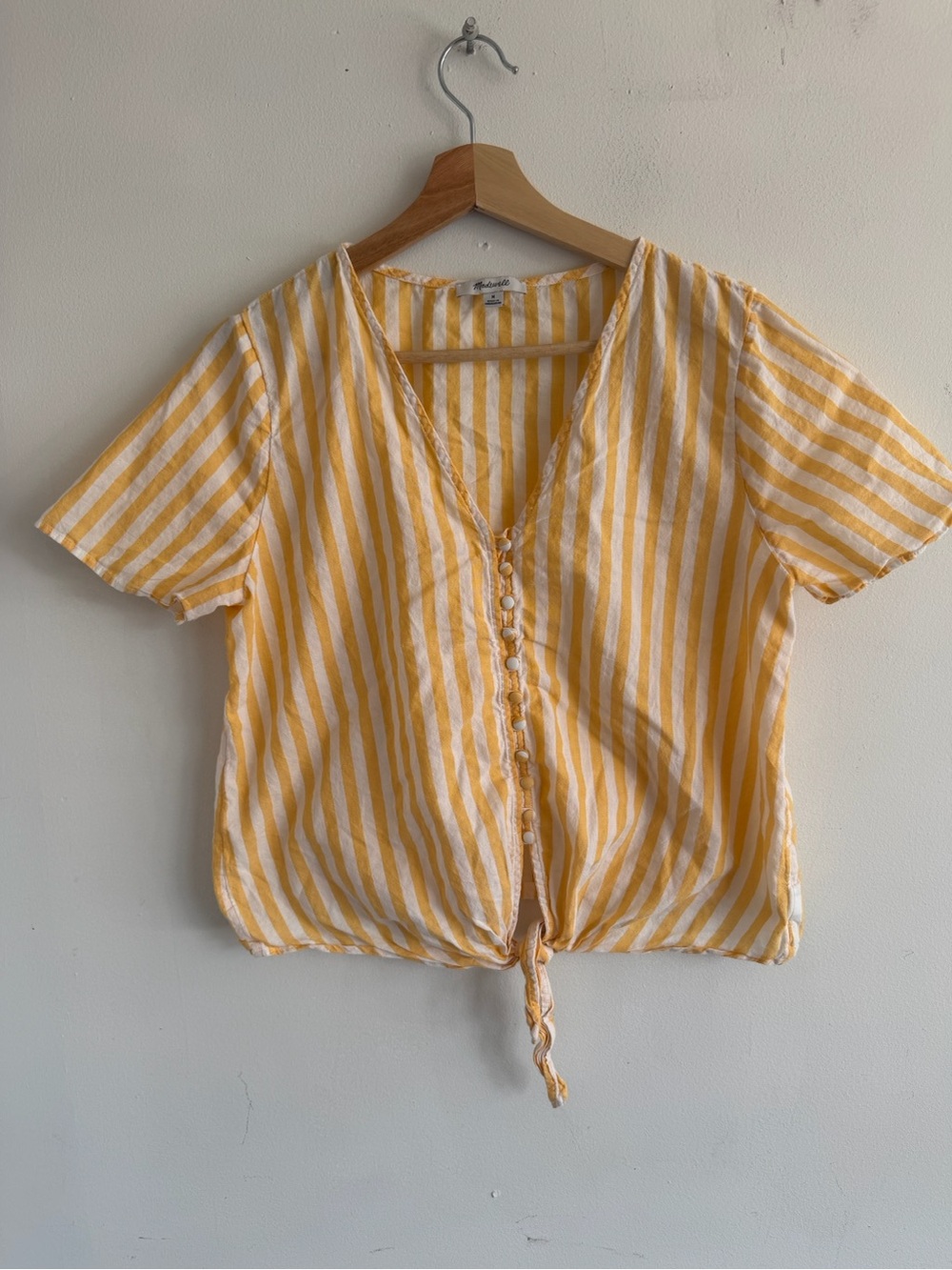 Madewell Yellow and White Striped Tie-Hem V-Neck Blouse